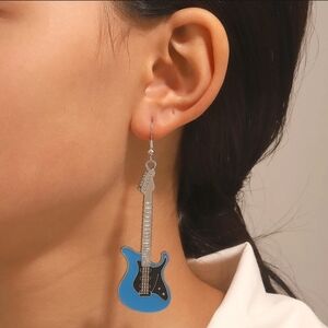 Guitar Earrings Blue Black Silver